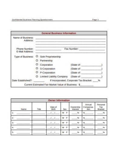 10+ Confidential Business Questionnaire Templates In Pdf | Free Within Business Plan Questionnaire Template