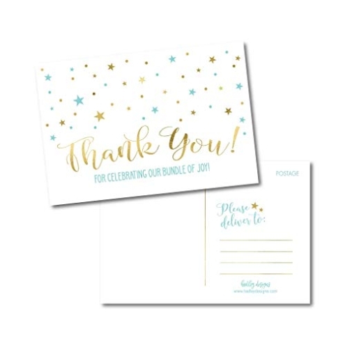 25 Boy Baby Shower Thank You Note Card Bulk Set, Blank Blue And Gold Intended For Thank You Note Template Baby Shower