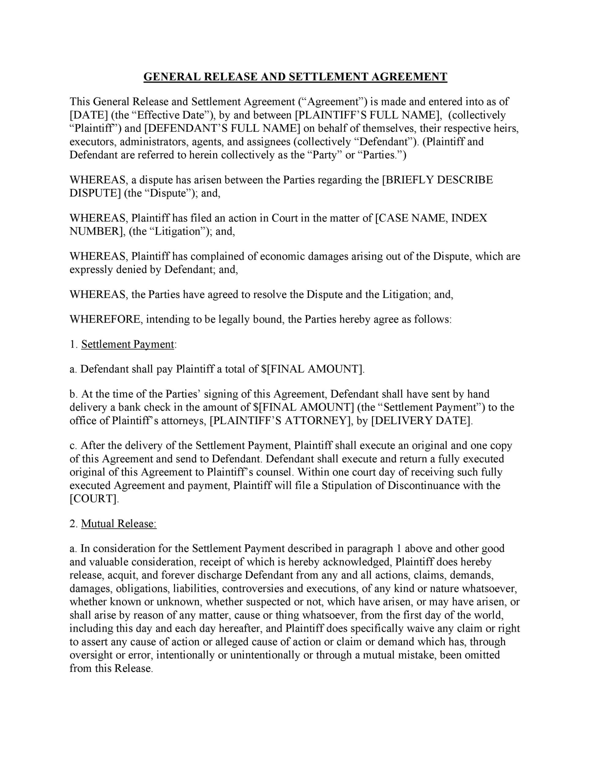 43 Free Settlement Agreement Templates [Divorce/Debt/Employment..] Pertaining To Settlement Agreement And Release Of All Claims Template