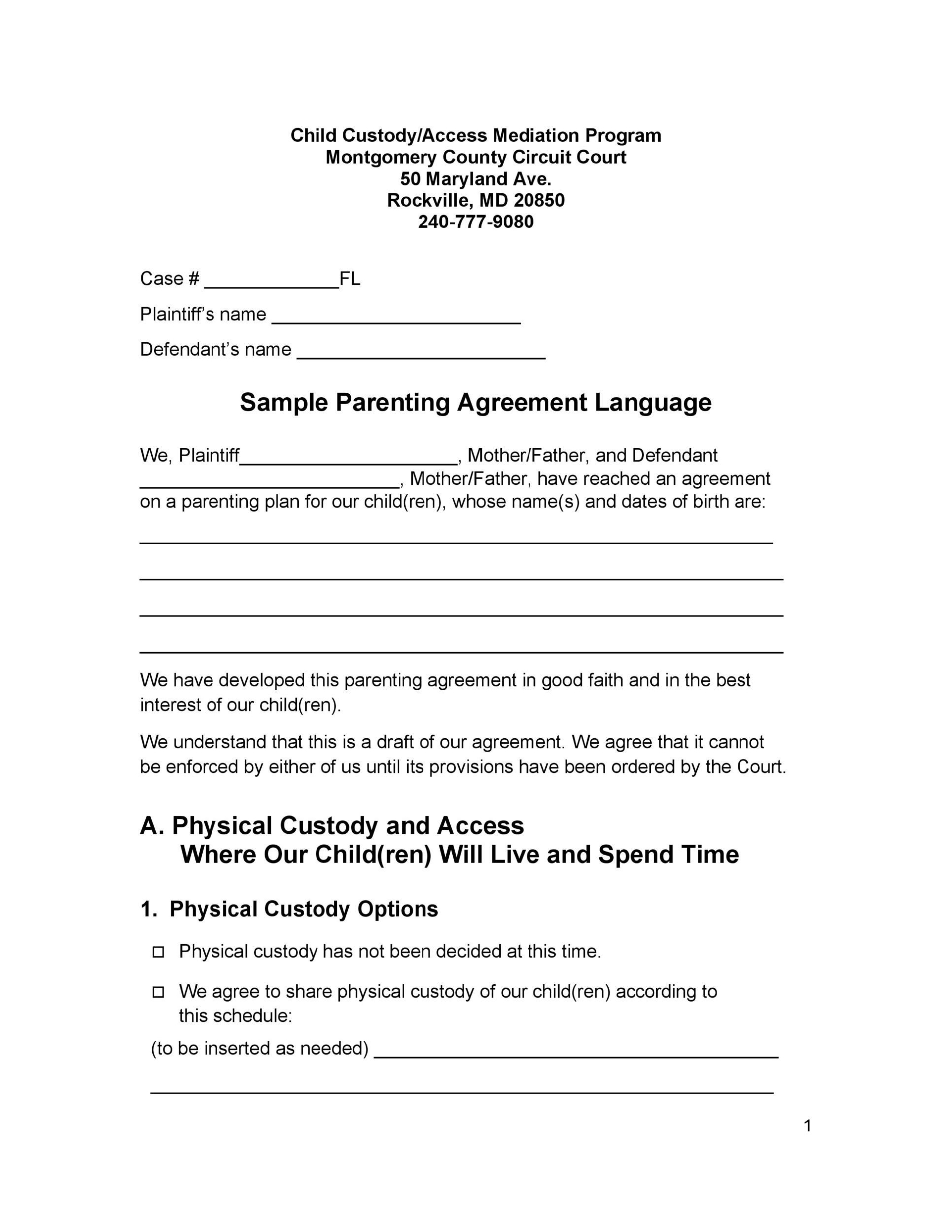 49 Free Parenting Plan &amp; Custody Agreement Templates ᐅ Templatelab with Child Relocation Agreement Template