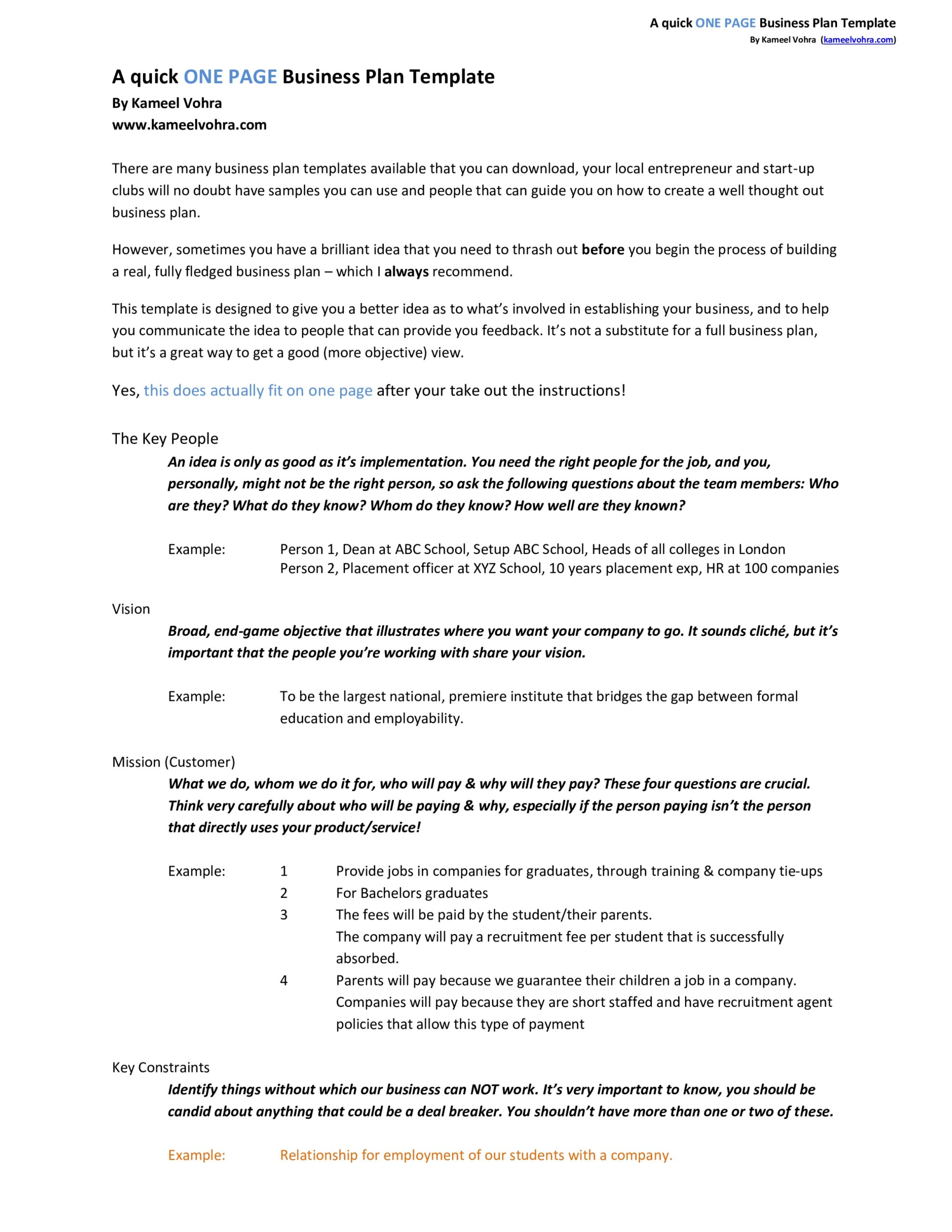 A Quick One Page Business Plan Template - Eloquens With Business One Sheet Template