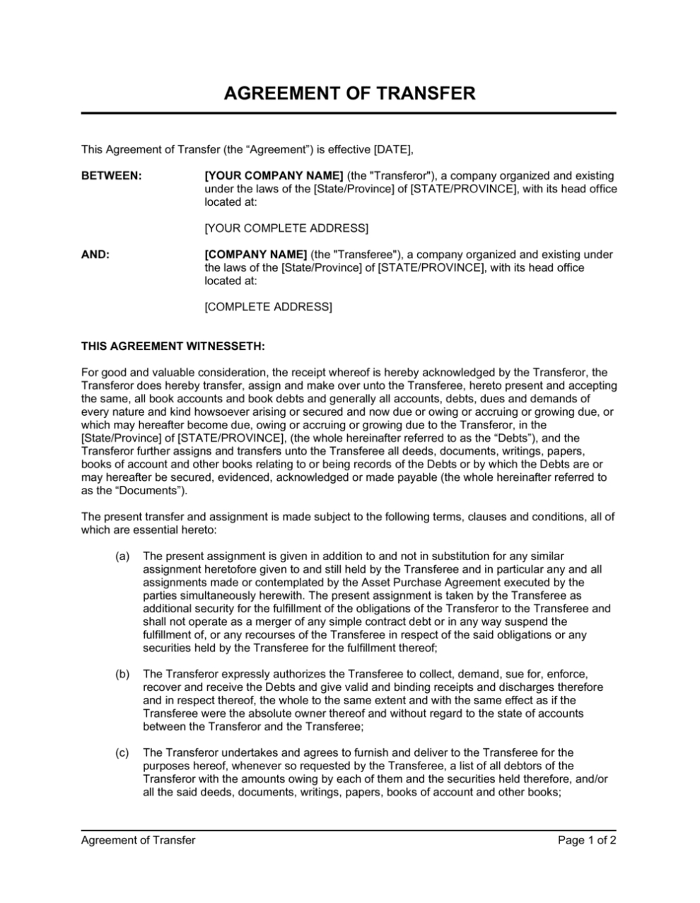 Agreement Of Transfer Template | By Business In A Box™ Throughout Debt Assignment Agreement Template