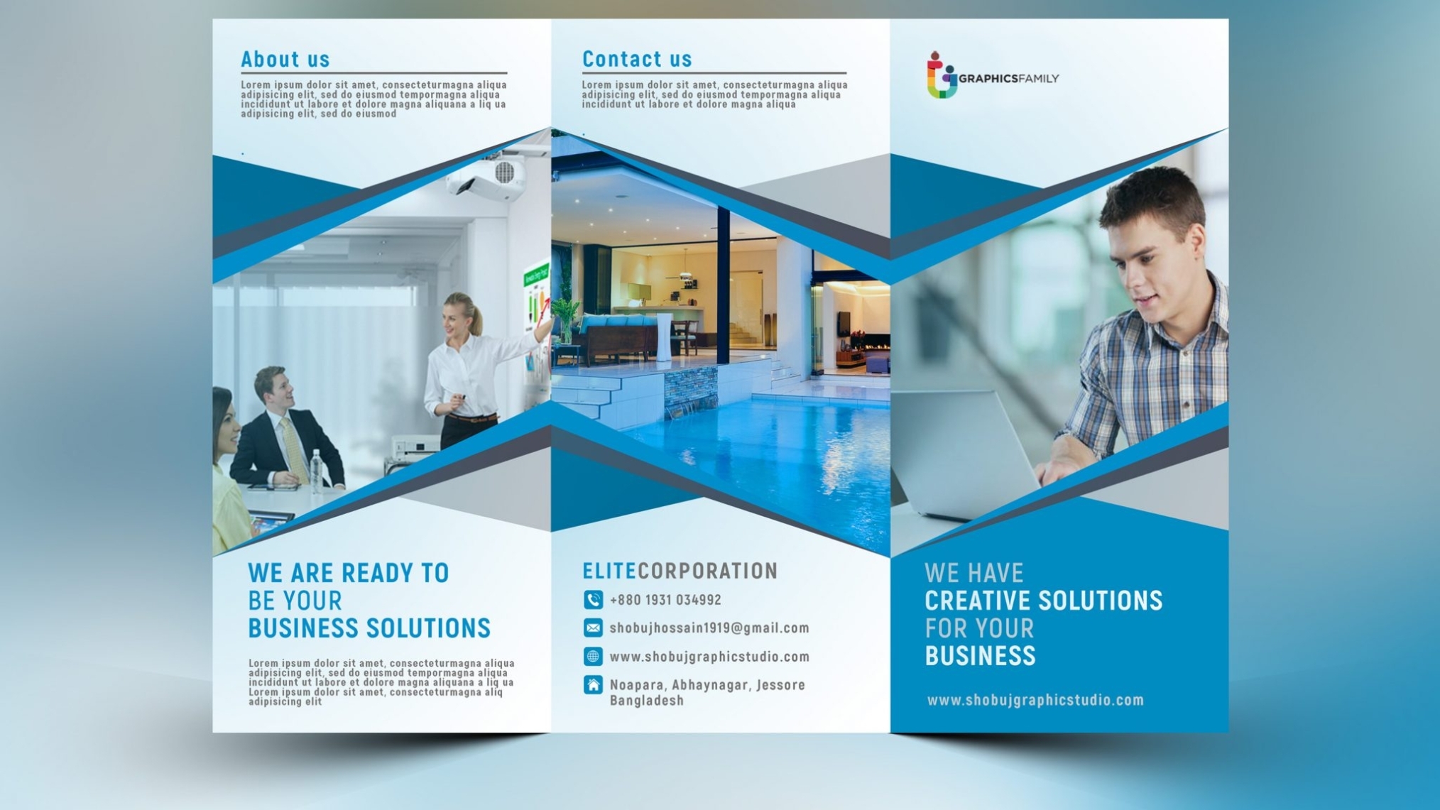 Blue Corporate Tri Fold Brochure Template Free Psd - Graphicsfamily Inside Three Fold Flyer Templates Free