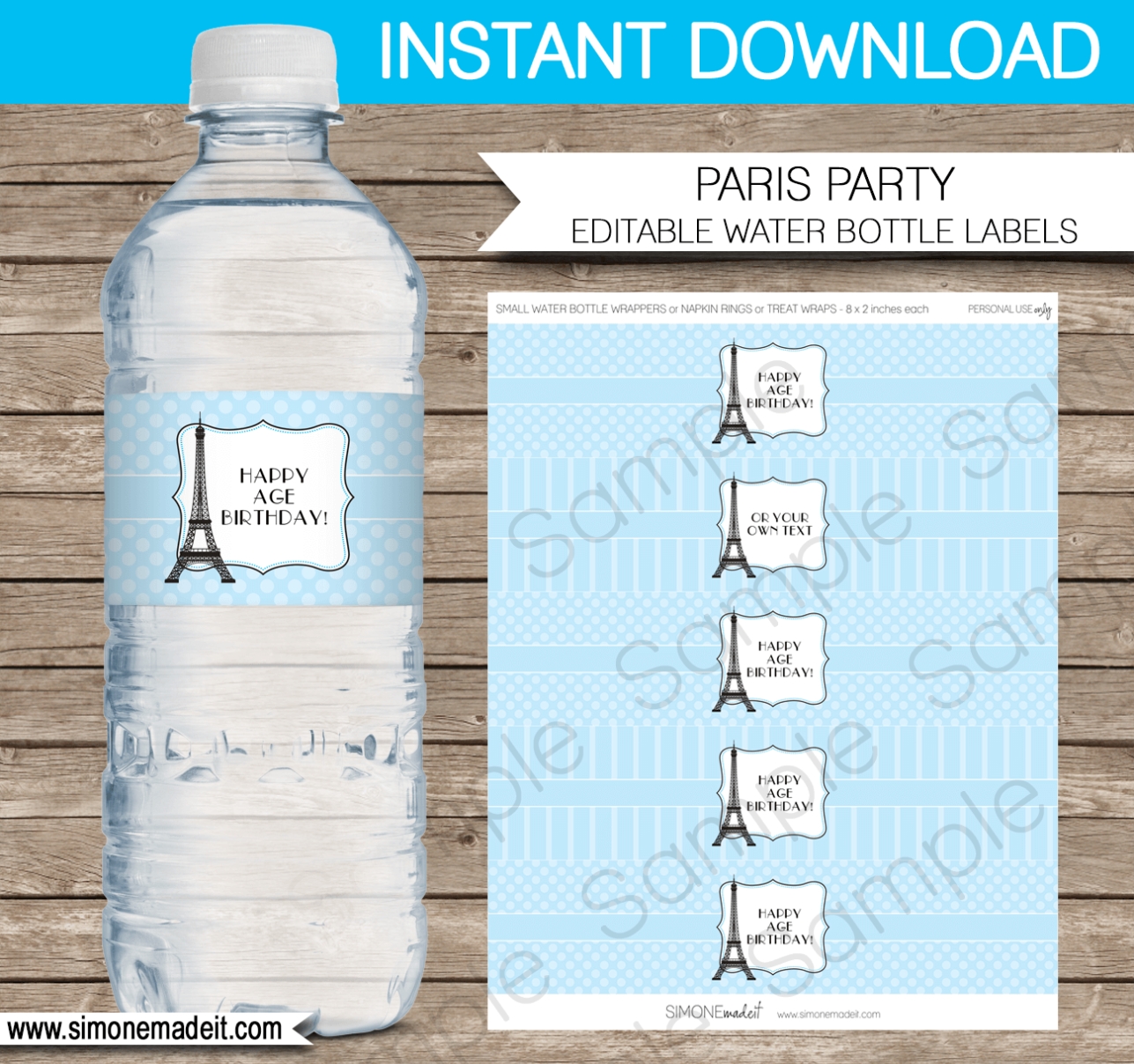 Blue Paris Water Bottle Labels Template | Printable Party Decorations Inside Birthday Water Bottle Labels Template Free