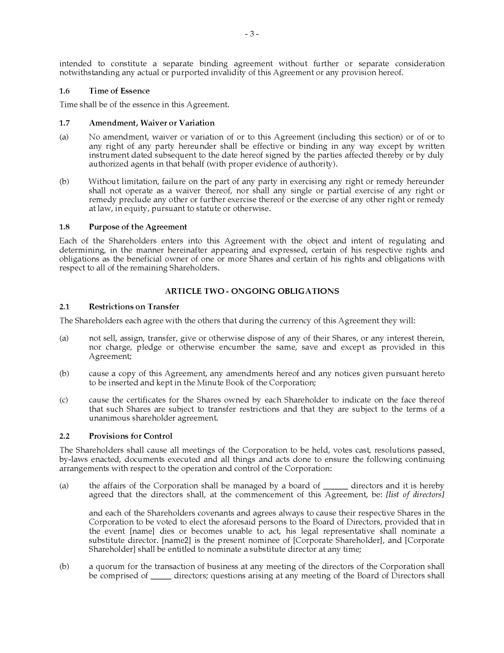 Canada Unanimous Shareholder Agreement With License To Use Trade Mark Inside Unanimous Shareholder Agreement Template
