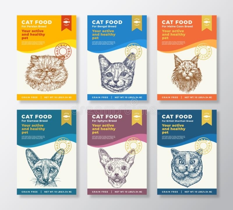 Cat Food Product Label Templates Set. Vector Packaging Design Layouts with regard to Food Product Labels Template