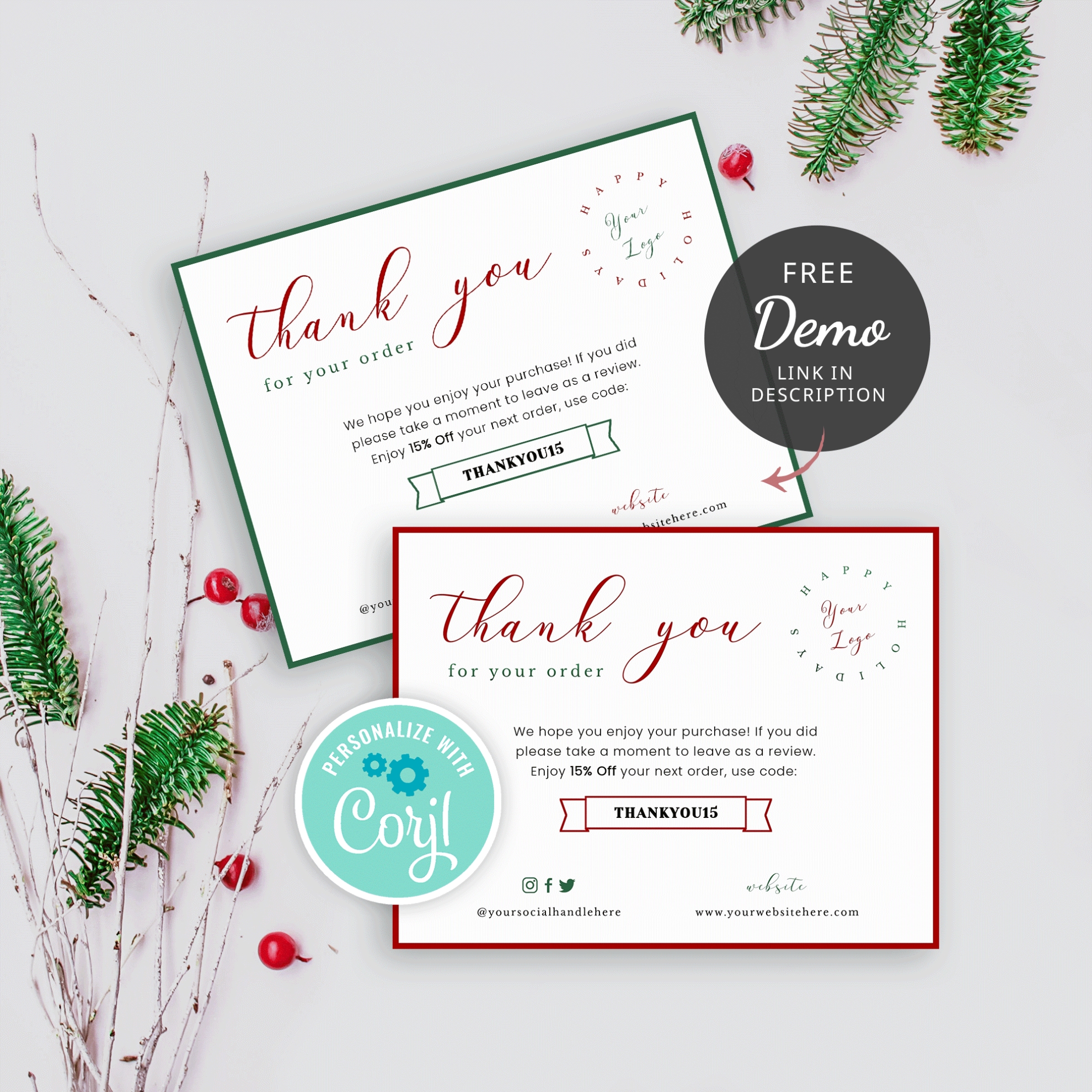 Christmas Thank You Card Template - Editable Thank You Note - Printable Regarding Thank You Notes Templates