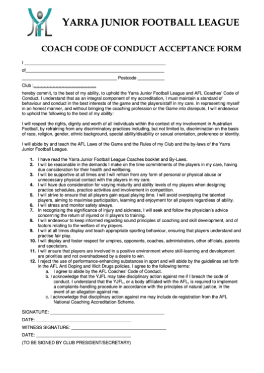Coach Code Of Conduct Acceptance Form Printable Pdf Download for Business Ethics Policy Template