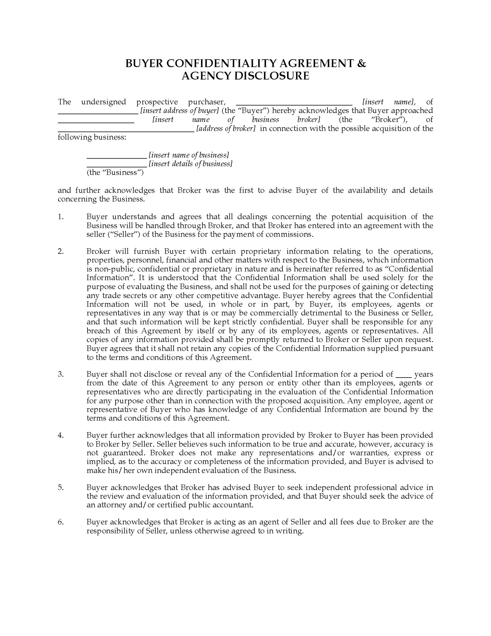 Confidentiality & Disclosure Agreement For Business Brokers | Legal Intended For Business Broker Agreement Template