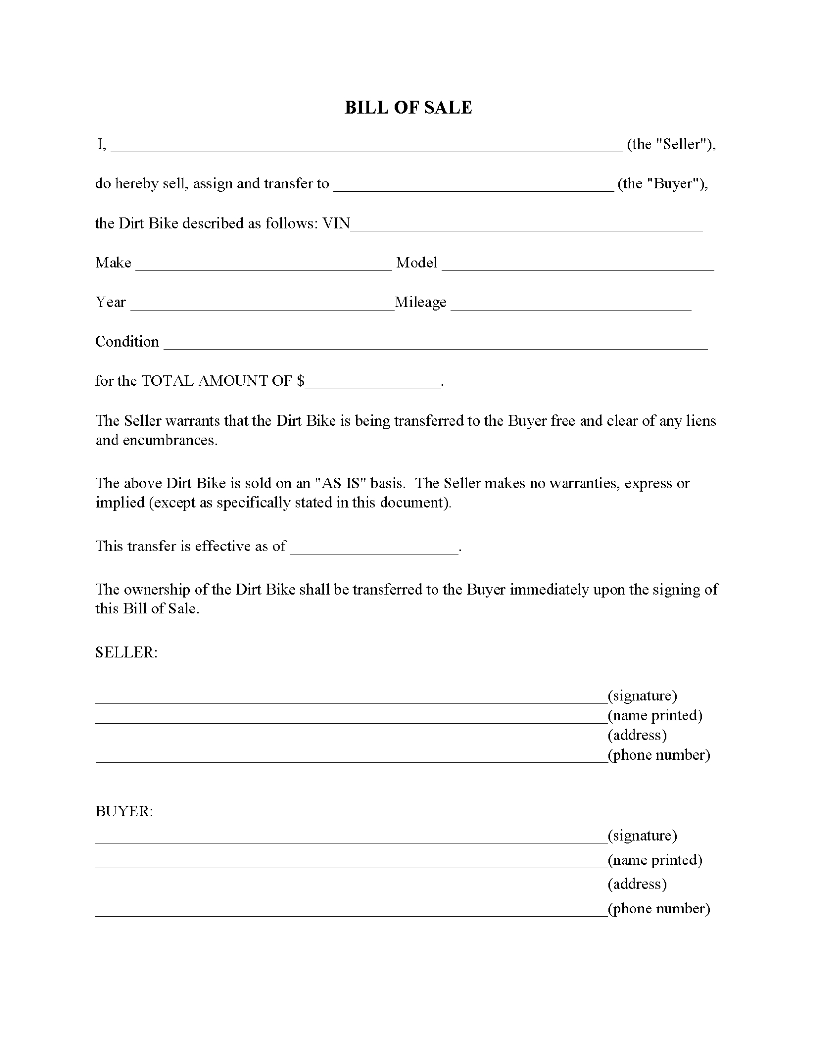Dirt Bike Bill Of Sale Form - Fillable Pdf - Free Printable Legal Forms In Legal Bill Of Sale Template