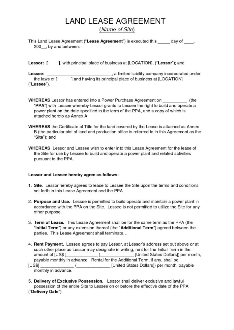 Download Free Land Lease Agreement - Printable Lease Agreement in Land Rental Agreement Template