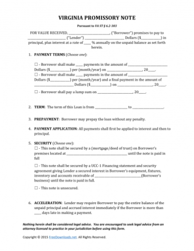 Download Virginia Promissory Note Form | Pdf | Rtf | Word pertaining to Promissory Note Template Free Download