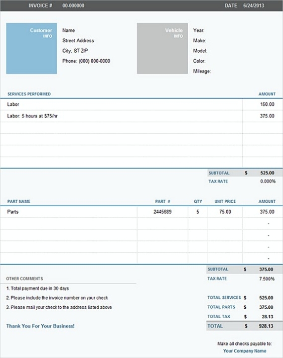Downloadable Invoice Template Throughout Free Auto Repair Invoice Template Excel