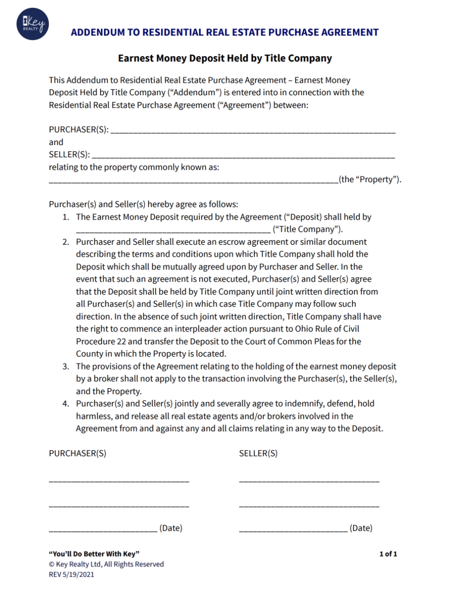 Earnest Money Held By Title Company Addendum (Ohio Only) Pertaining To Earnest Money Deposit Agreement Template