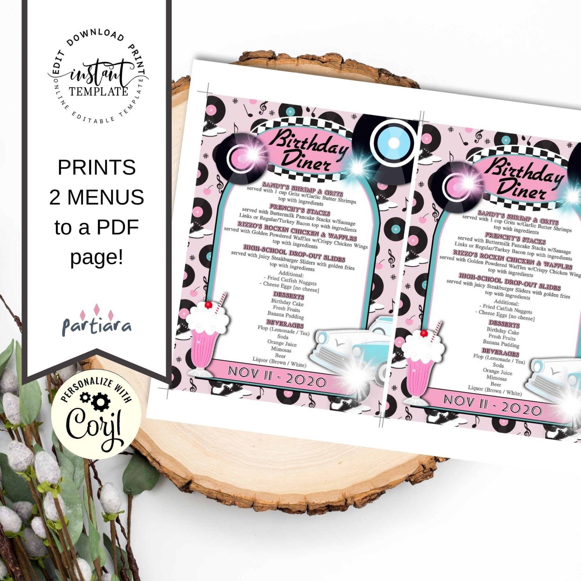 Editable 50S Diner Menu Card Template Retro Birthday Party | Etsy Within 50S Diner Menu Template