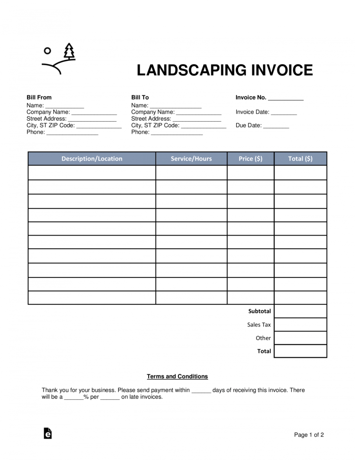 Editable Free Landscaping Invoice Template Word Pdf Eforms Lawn Care Within Lawn Maintenance Invoice Template