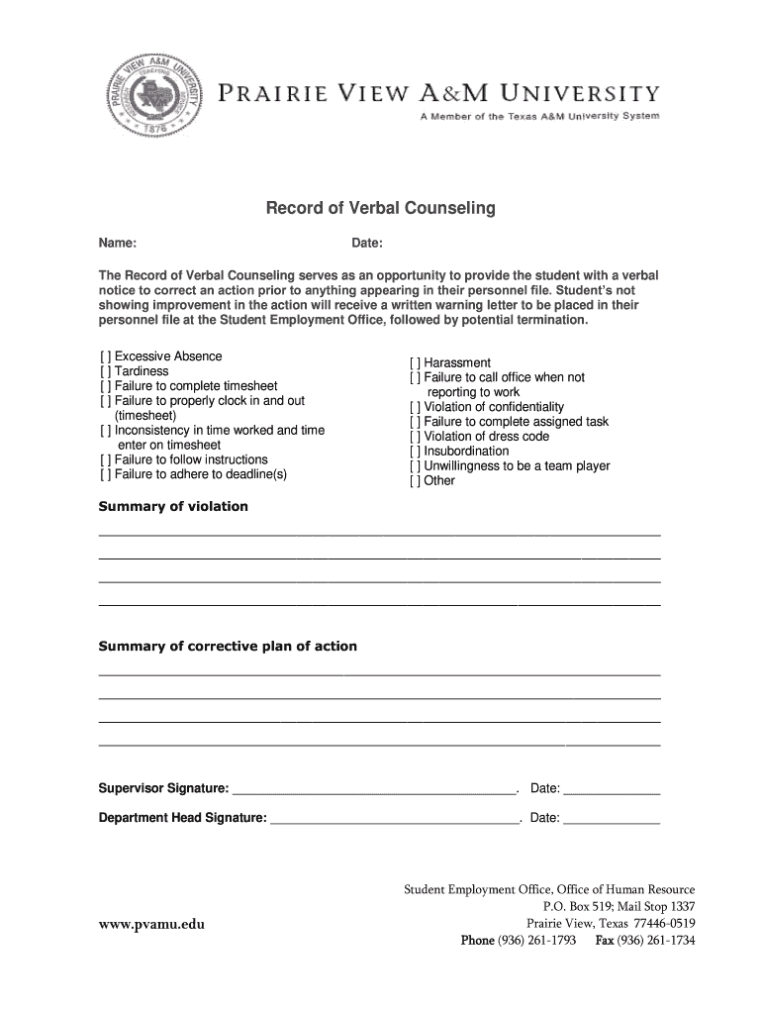 Employee Verbal Counseling Form - Fill Online, Printable, Fillable in Letter Of Counseling Template