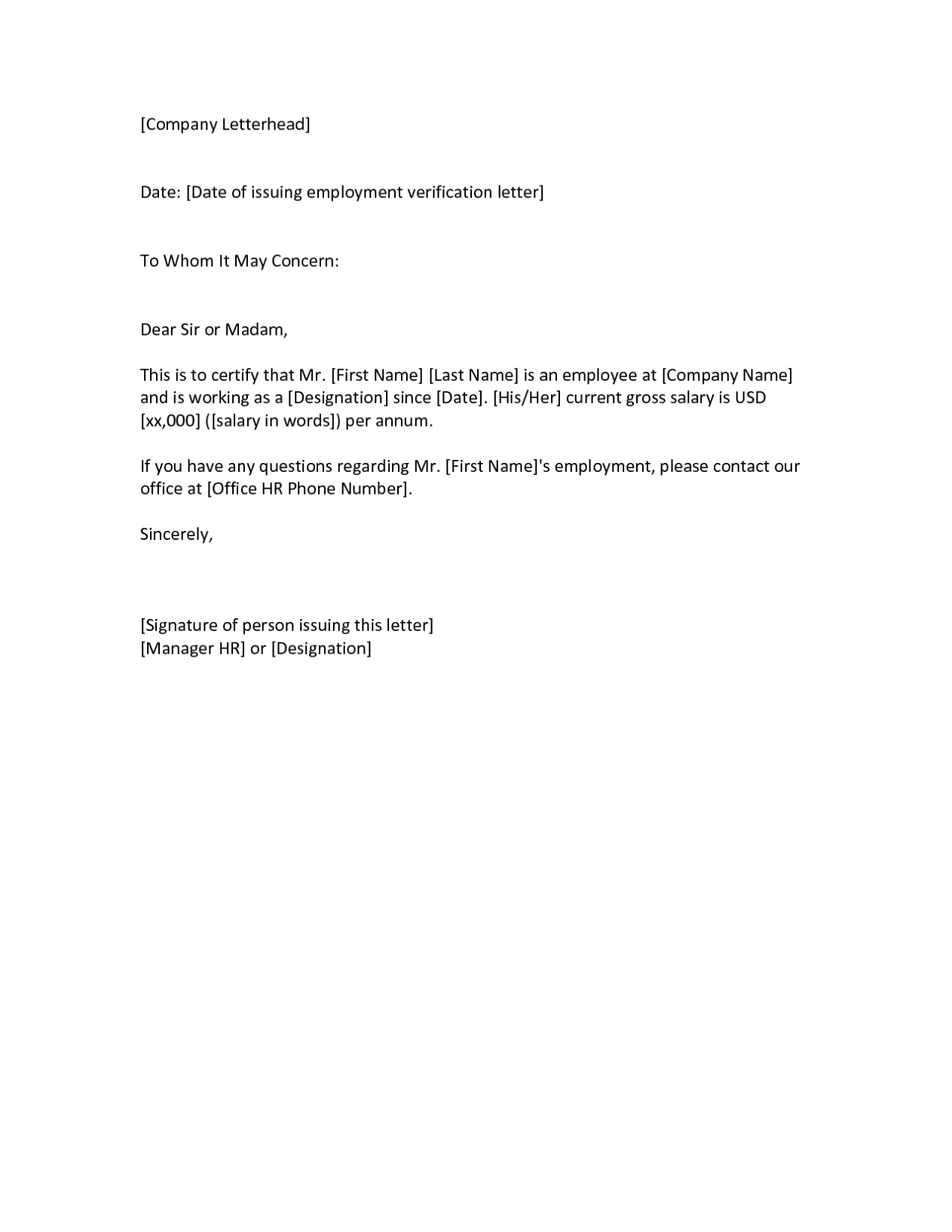 Employment Verification Letter To Whom It May Concern - Planner In Employment Verification Letter Template Word