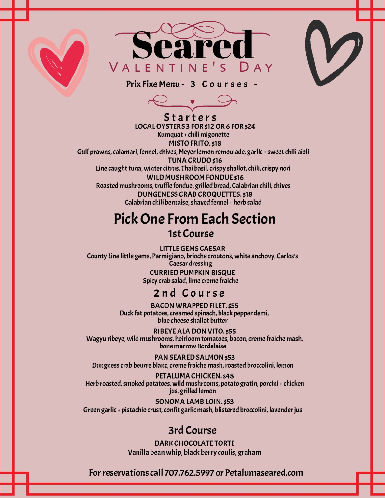 Enjoy Valentine'S Day Prix Fixe Dinner From Seared In Petaluma, Ca with Prix Fixe Menu Template