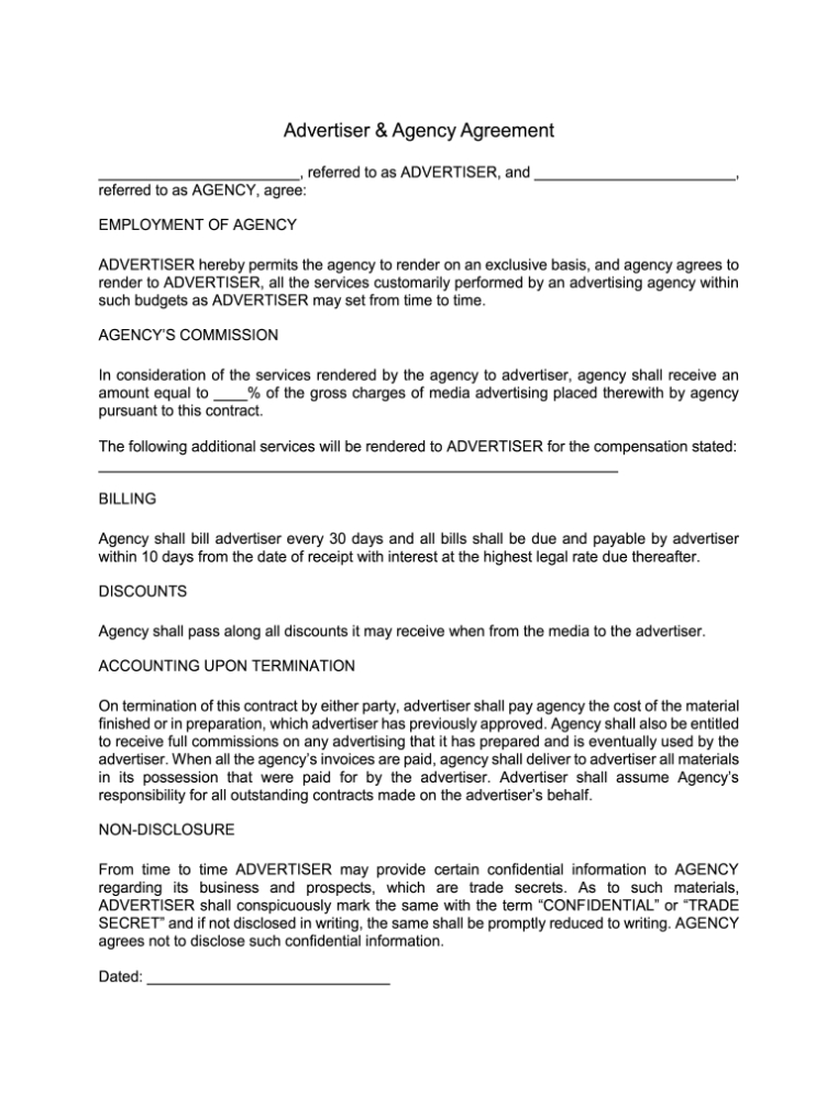 Fill, Edit And Print Advertiser   Agency Agreement Form Online With Free Advertising Agency Agreement Template
