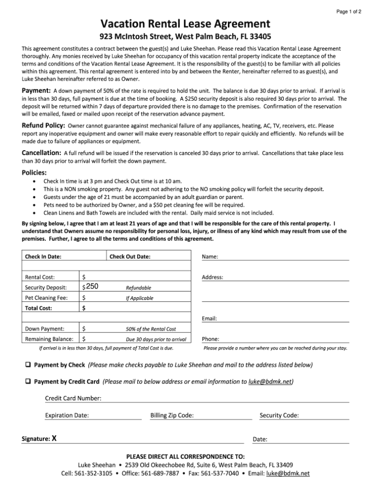 Fillable Online Vacation Rental Lease Agreement - Flvaca Fax Email Throughout Vacation Rental Lease Agreement Template