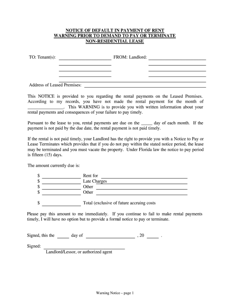 Florida Notice Of Default In Payment Of Rent As Warning Prior To Demand with regard to Notice Of Default Letter Template