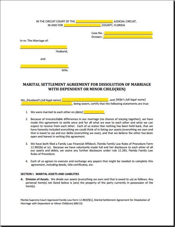 Form 12.902F1 Marital Settlement Agreement Divorce With Children Explained Within Divorce Mediation Agreement Template