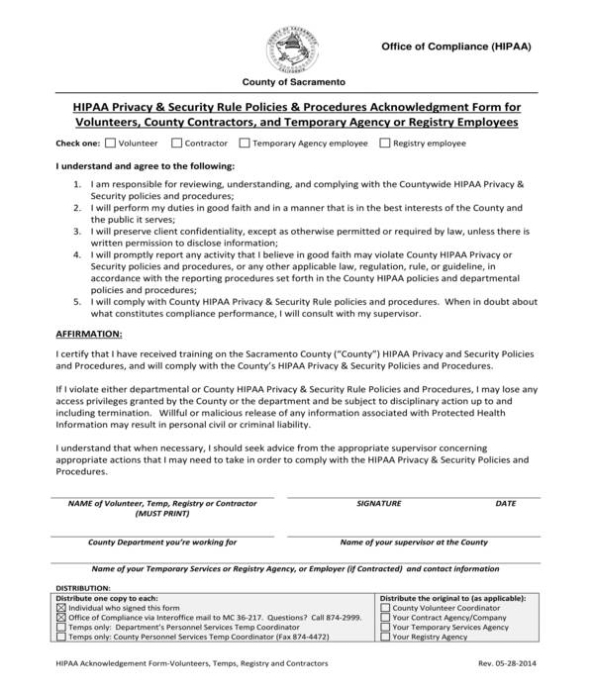 Free 6+ Hipaa Employee Acknowledgment Forms In Pdf | Ms Word inside Volunteering Form Disclaimer Templates
