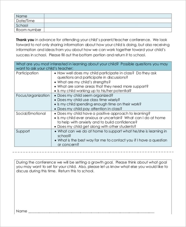 Free 9+ Sample Parent Teacher Conference Forms In Ms Word | Pdf For Mom Meeting Template