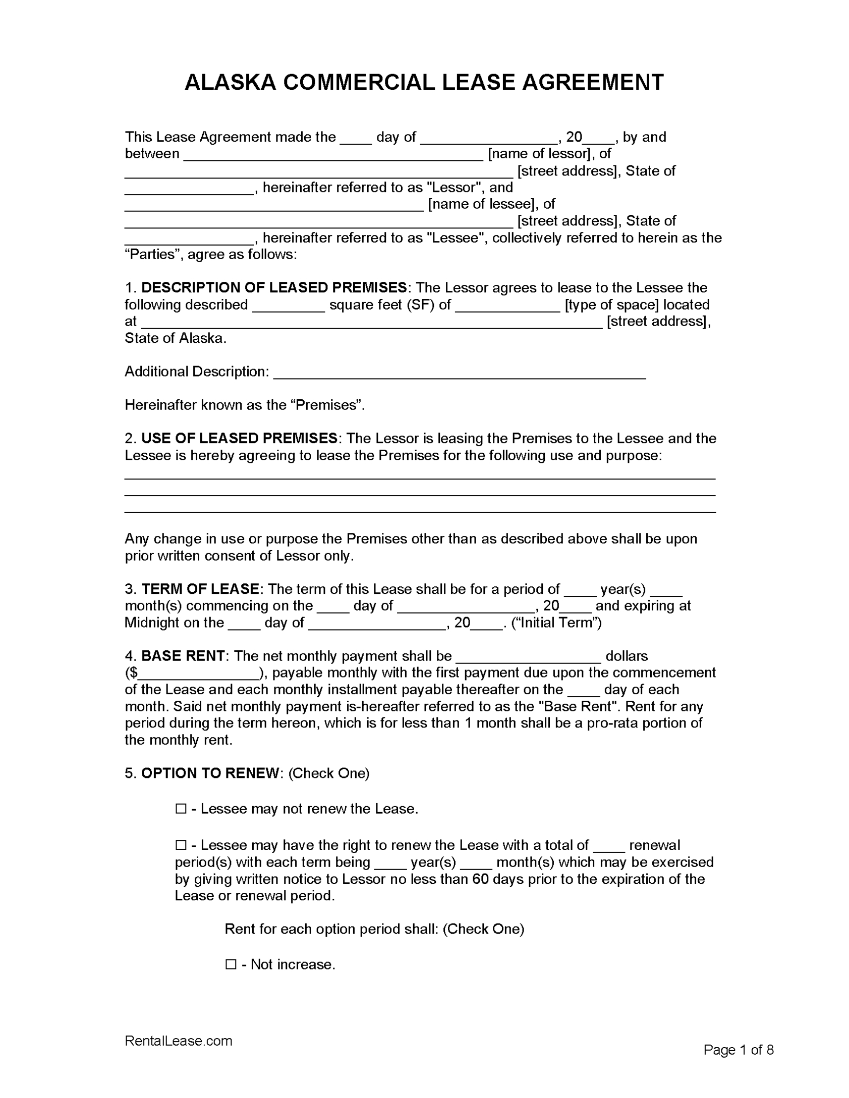 Free Alaska Commercial Lease Agreement Template | Pdf | Word throughout Business Lease Agreement Template Free