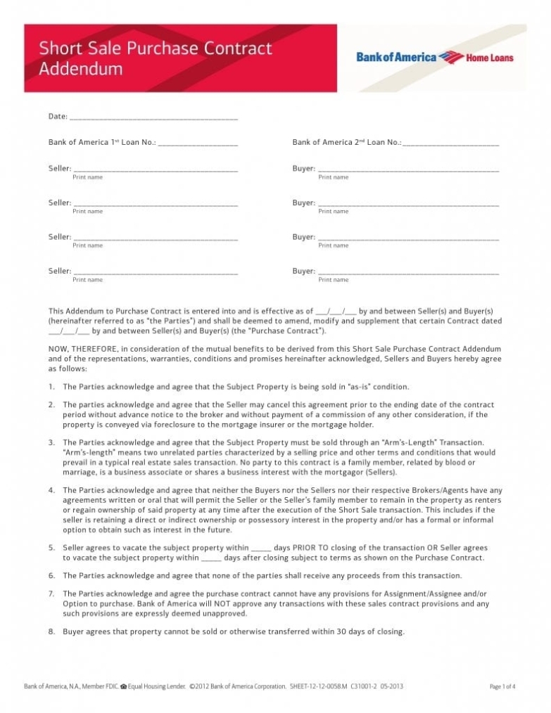 Free Bank Of America Short Sale Purchase Contract Addendum - Pdf With Credit Sale Agreement Template