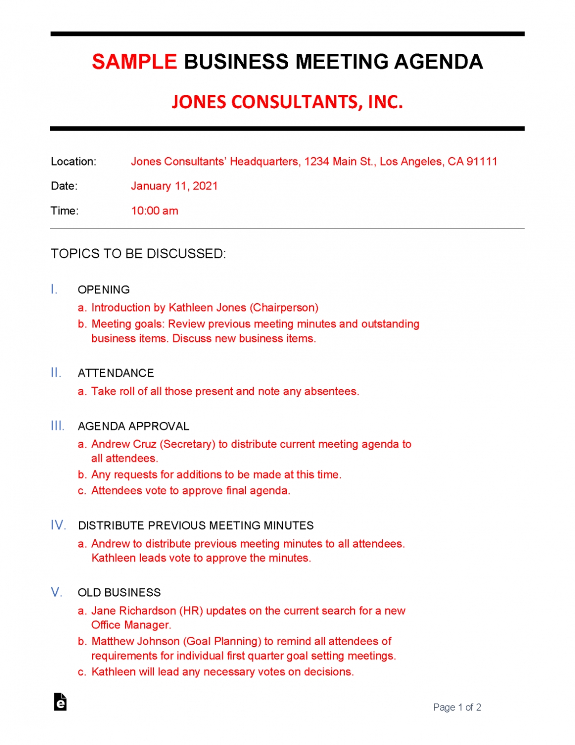 Free Business Meeting Agenda Template | Sample - Word | Pdf - Eforms Pertaining To Agendas For Meetings Templates Free