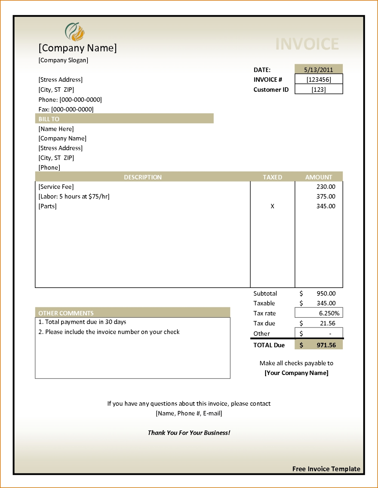 Free Download Invoices * Invoice Template Ideas Regarding Work Invoice Template Free Download