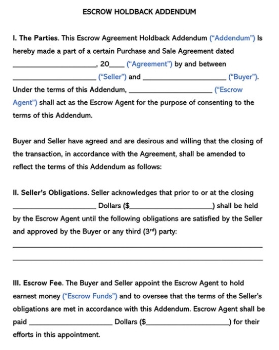 Free Escrow Holdback Agreement Addendum Templates [Editable] Within Vendor Take Back Agreement Template