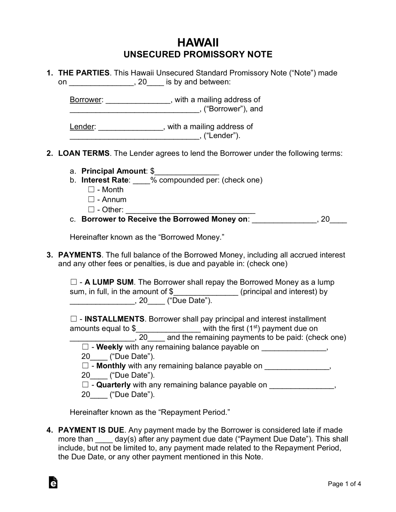 Free Hawaii Unsecured Promissory Note Template - Word | Pdf - Eforms within Promissory Notes Templates