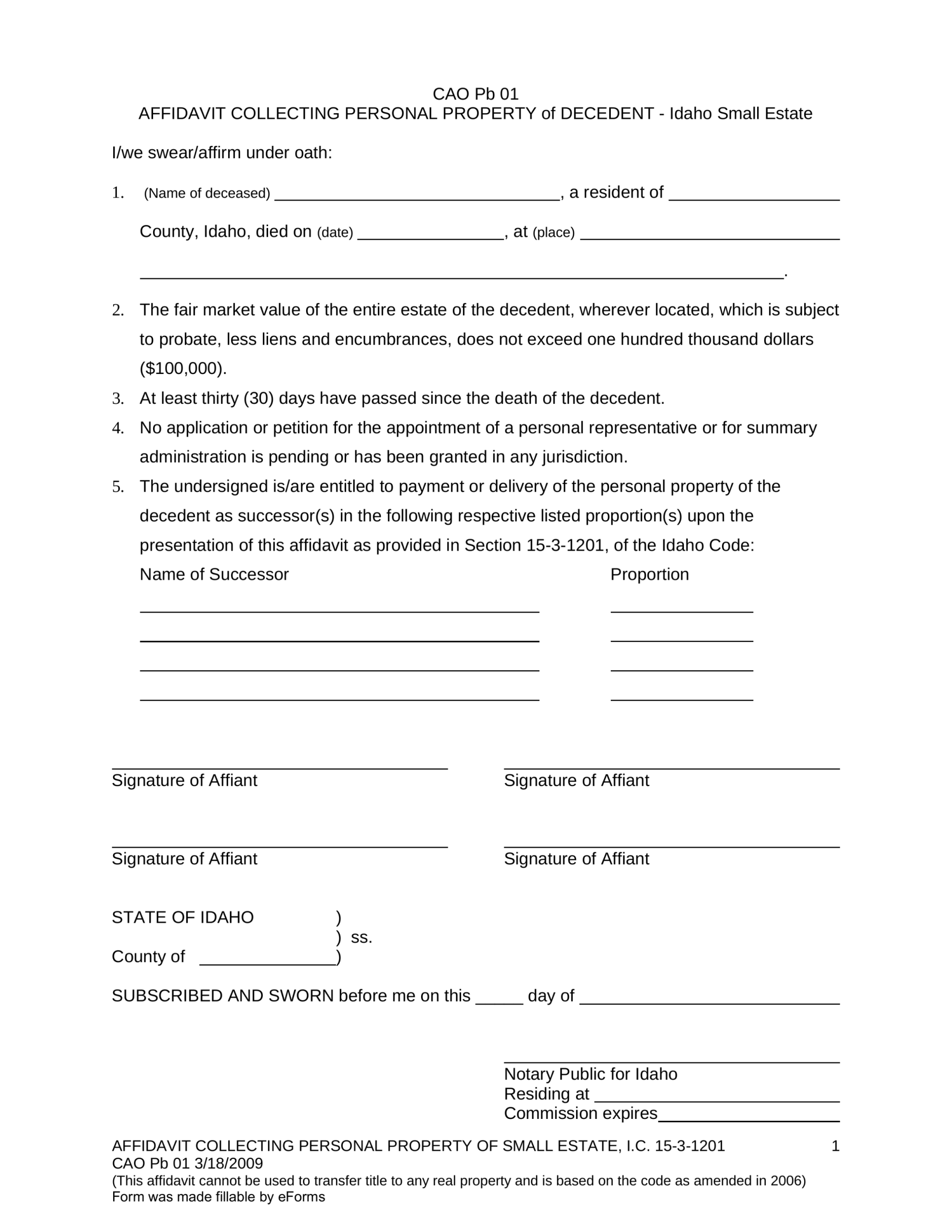 Free Idaho Small Estate Affidavit | Form Cao Pb 01 - Pdf - Eforms Throughout Probate Valuation Letter Template
