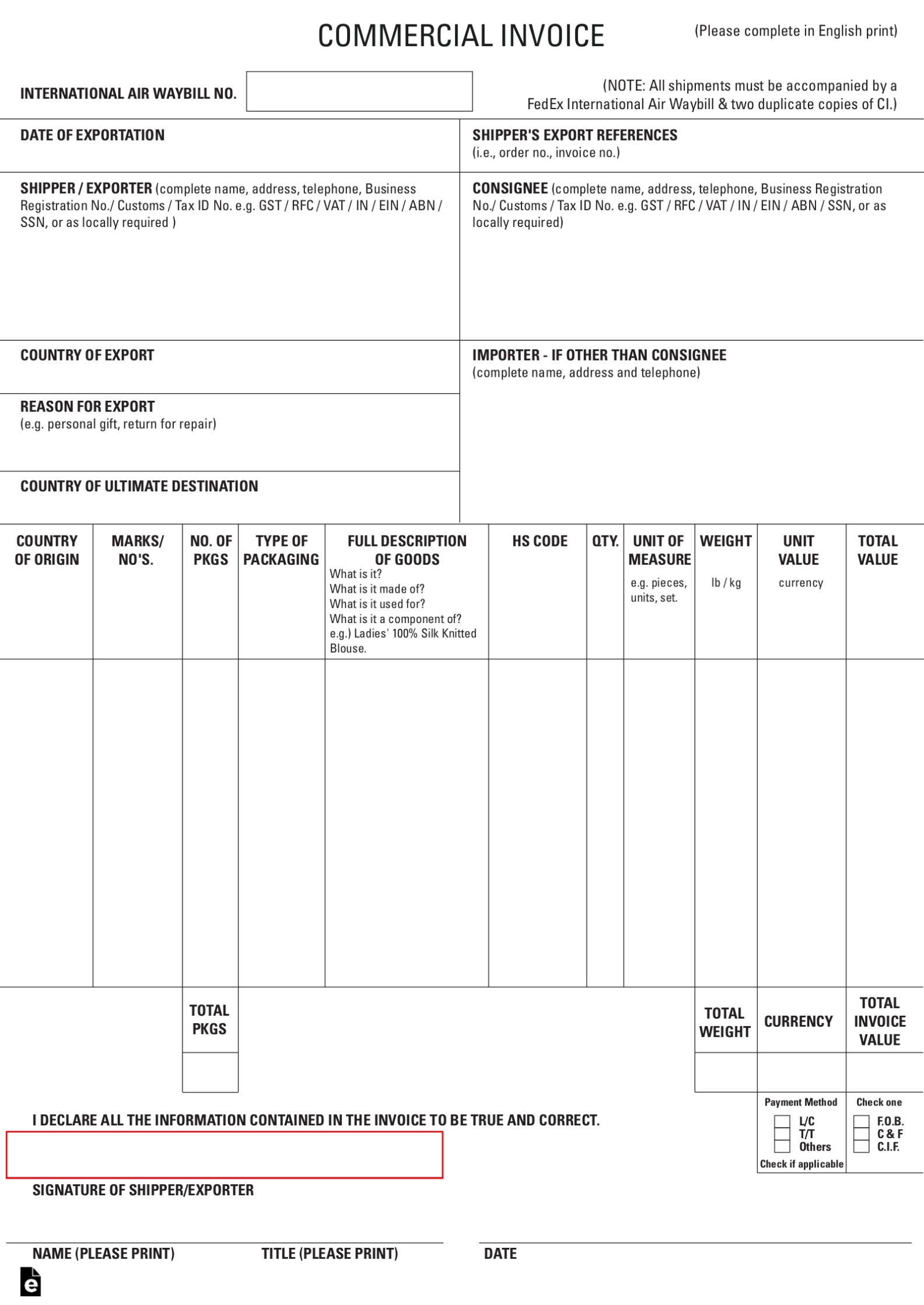 Free International Commercial Invoice Templates - Pdf - Eforms within Fillable Invoice Template Pdf