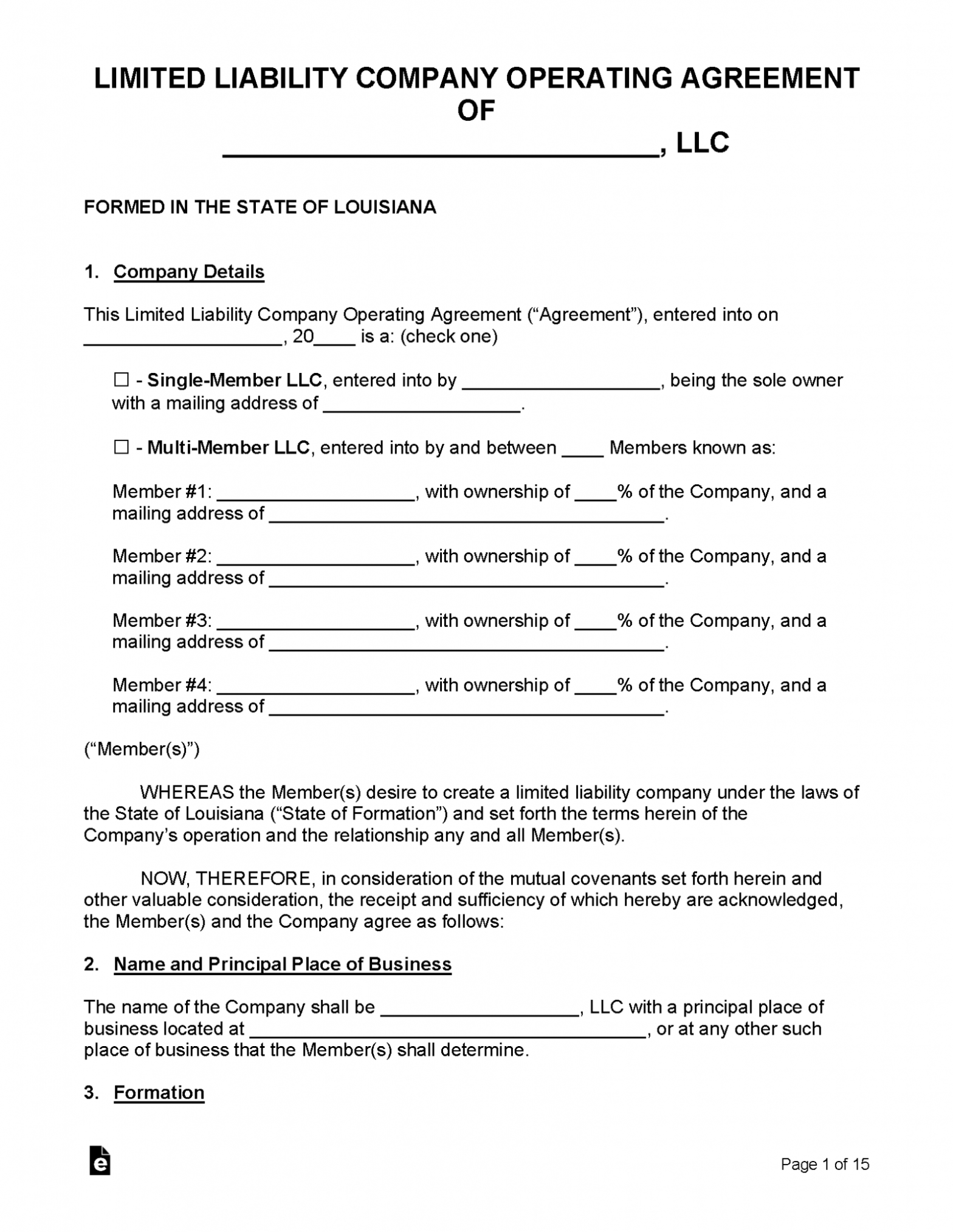 Free Louisiana Llc Operating Agreement Templates - Pdf | Word - Eforms Intended For Corporation Operating Agreement Template