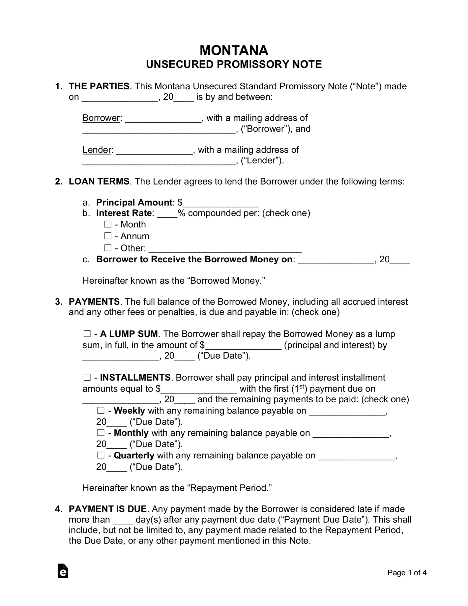 Free Montana Unsecured Promissory Note Template - Word | Pdf | Eforms Intended For Promisory Note Template