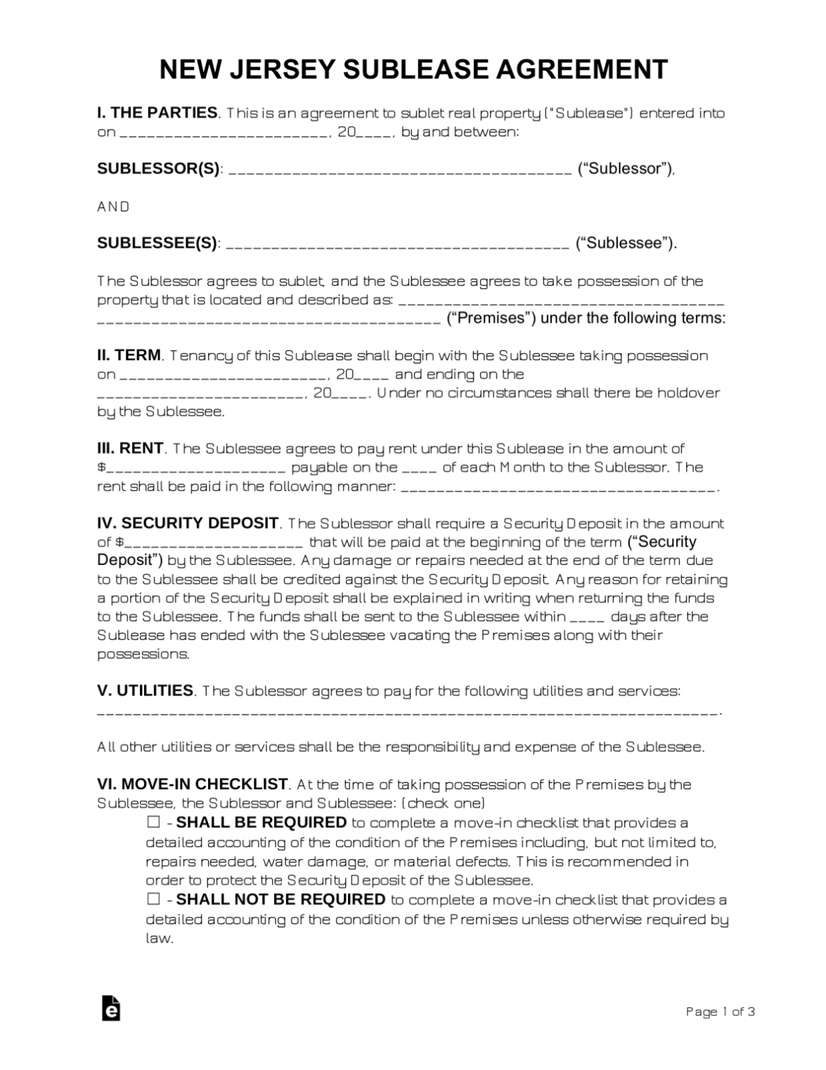 Free New Jersey Sublease Agreement Template - Pdf | Word - Eforms Within New Jersey Residential Lease Agreement Template