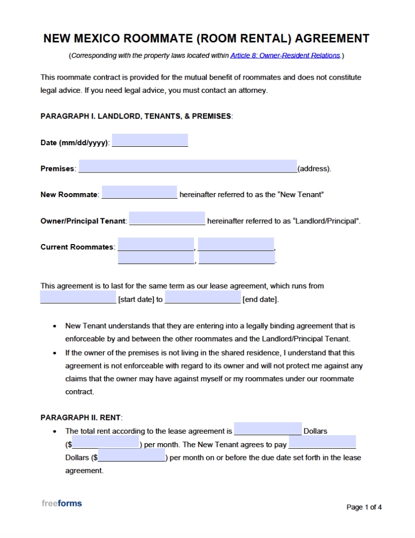 Free New Mexico Roommate (Room Rental) Agreement Template | Pdf | Word For Free Roommate Lease Agreement Template