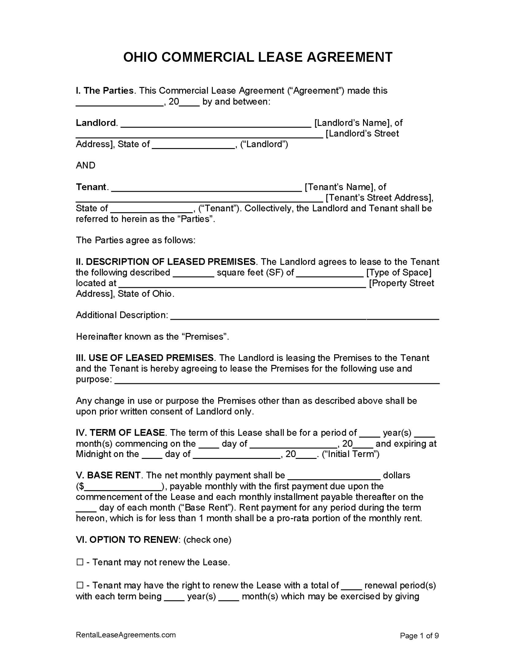 Free Ohio Commercial Lease Agreement Template - Pdf - Word With Business Lease Agreement Template Free