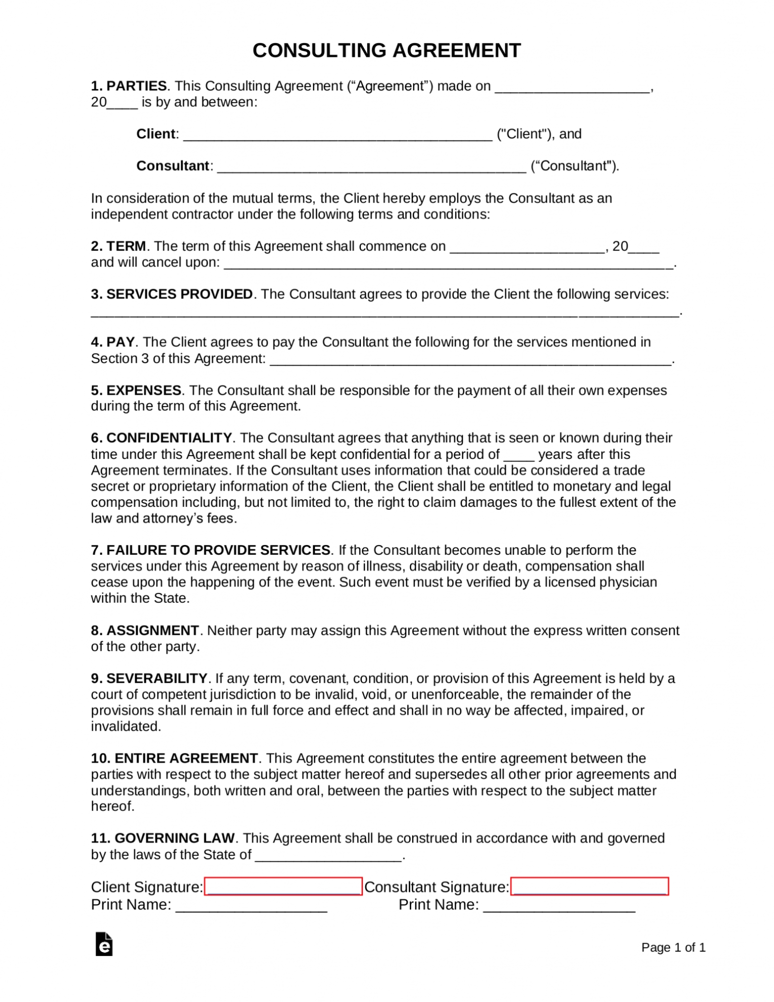 Free One (1) Page Consulting Agreement Template - Word | Pdf - Eforms Throughout Consulting Service Agreement Template