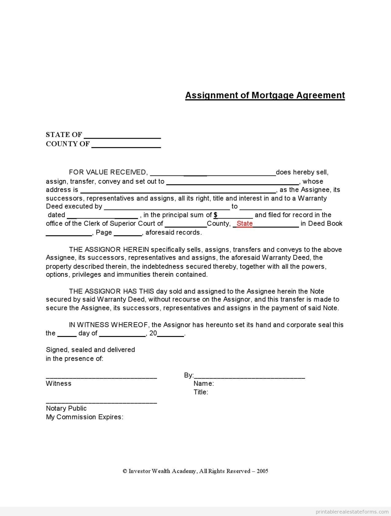 Free Printable Assignment Of Mortgage Form (Pdf &amp; Word) with regard to Credit Assignment Agreement Template