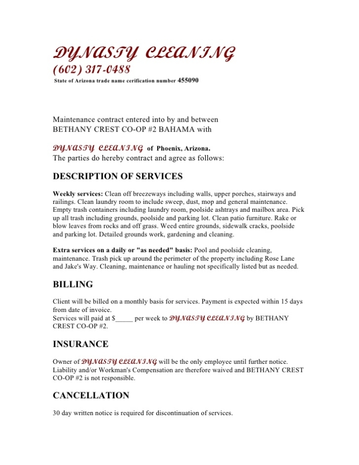 Free Printable Cleaning Contract Template Form (Generic) intended for Cleaning Business Contract Template