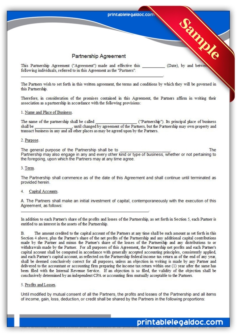 Free Printable Partnership Agreement Form (Generic) In Business Partnership Agreement Template Pdf