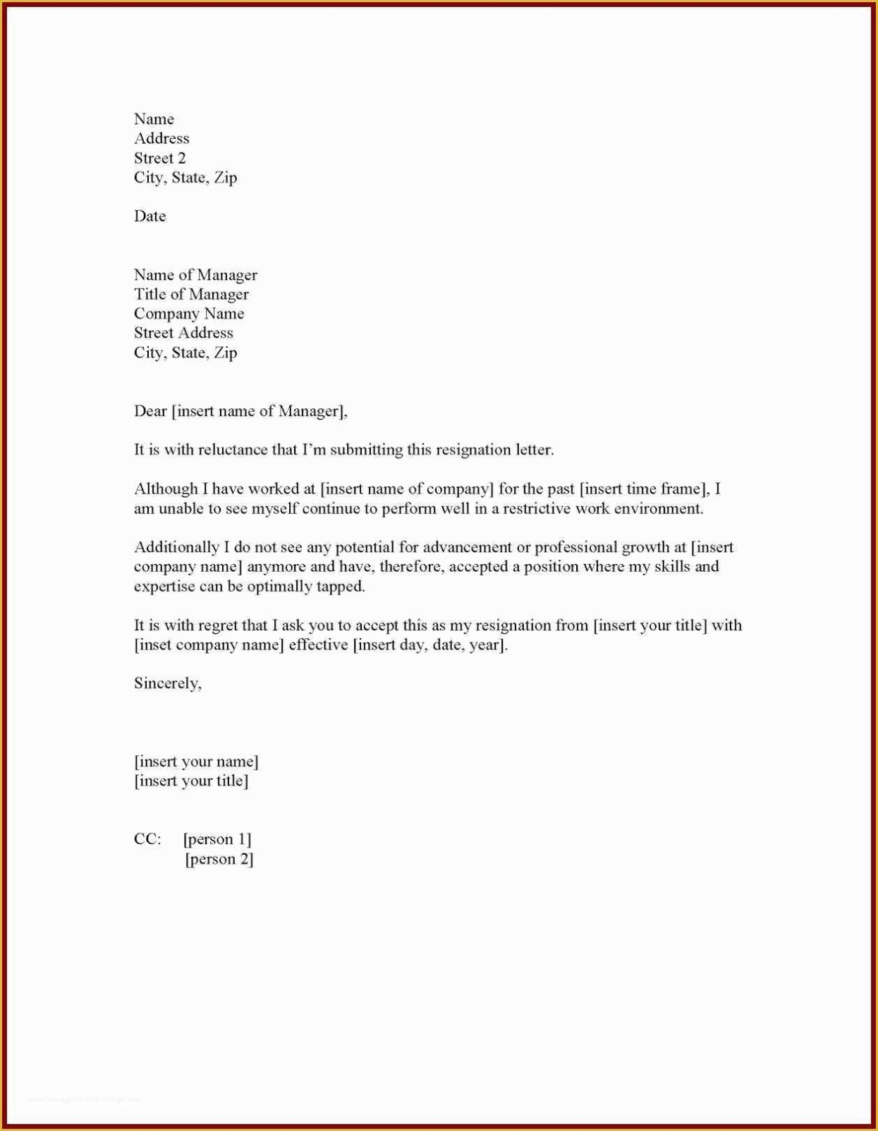 Free Printable Resignation Letter Template - Sample Resignation Letter Within Standard Resignation Letter Template