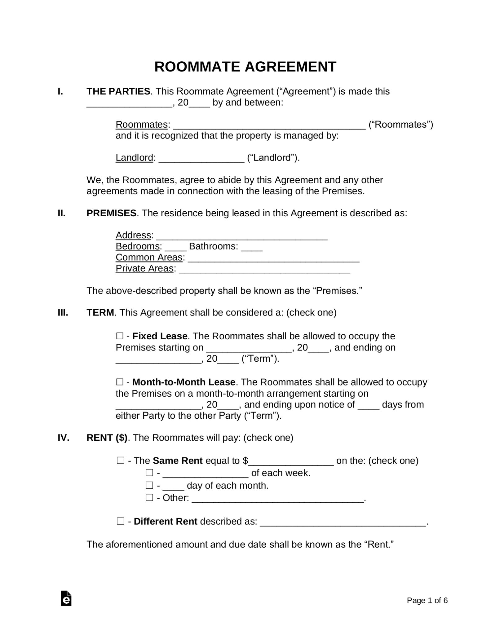 Free Roommate (Room Rental) Agreement Template - Pdf | Word - Eforms Throughout Free Printable Residential Lease Agreement Template