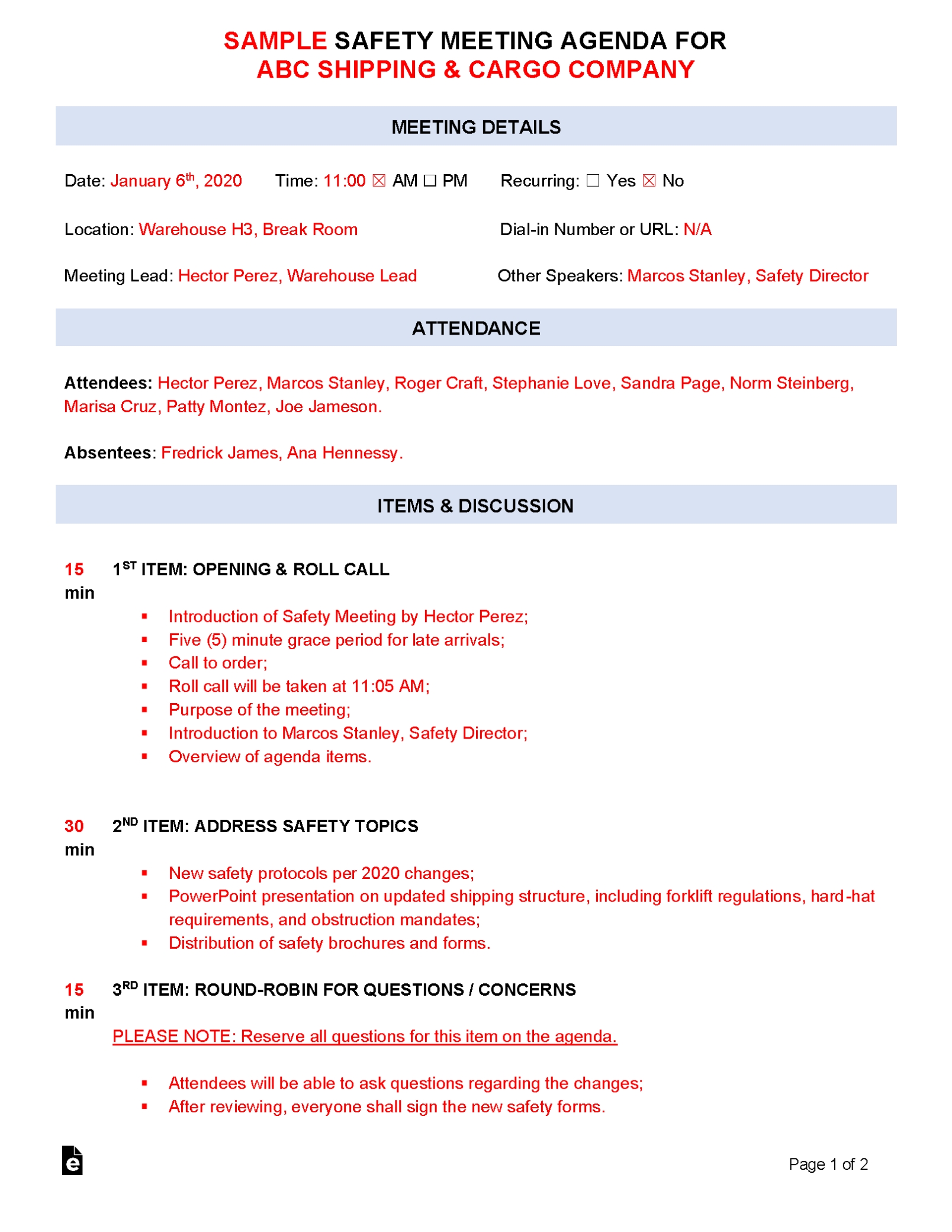 Free Safety Meeting Agenda Template | Sample - Pdf | Word - Eforms regarding Safety Committee Agenda Template