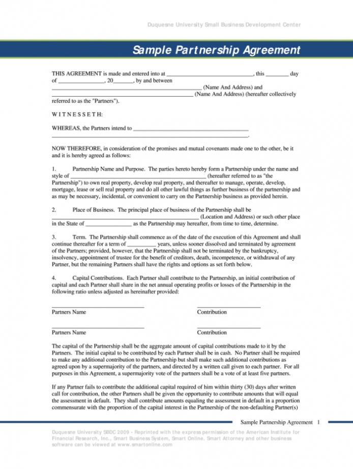 Free Small Business Partnership Agreement Doc Fill Online Operating With Regard To Small Business Agreement Template